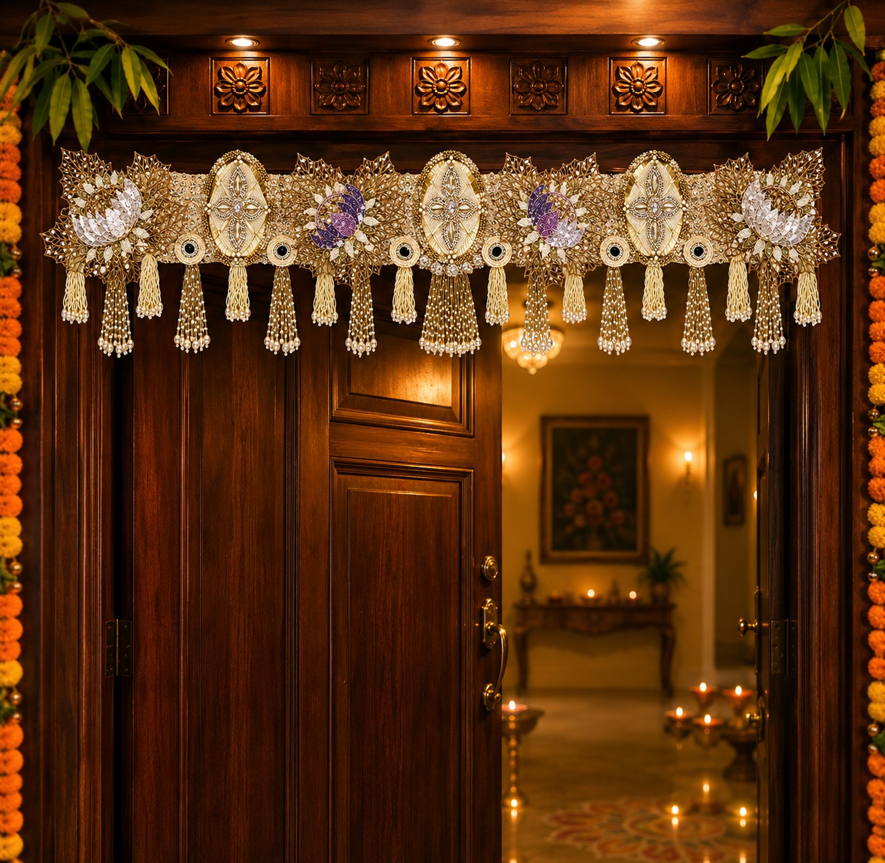 Leaf Work with Pearl Jhalar Toran decorative toran for main door by Vyaparika