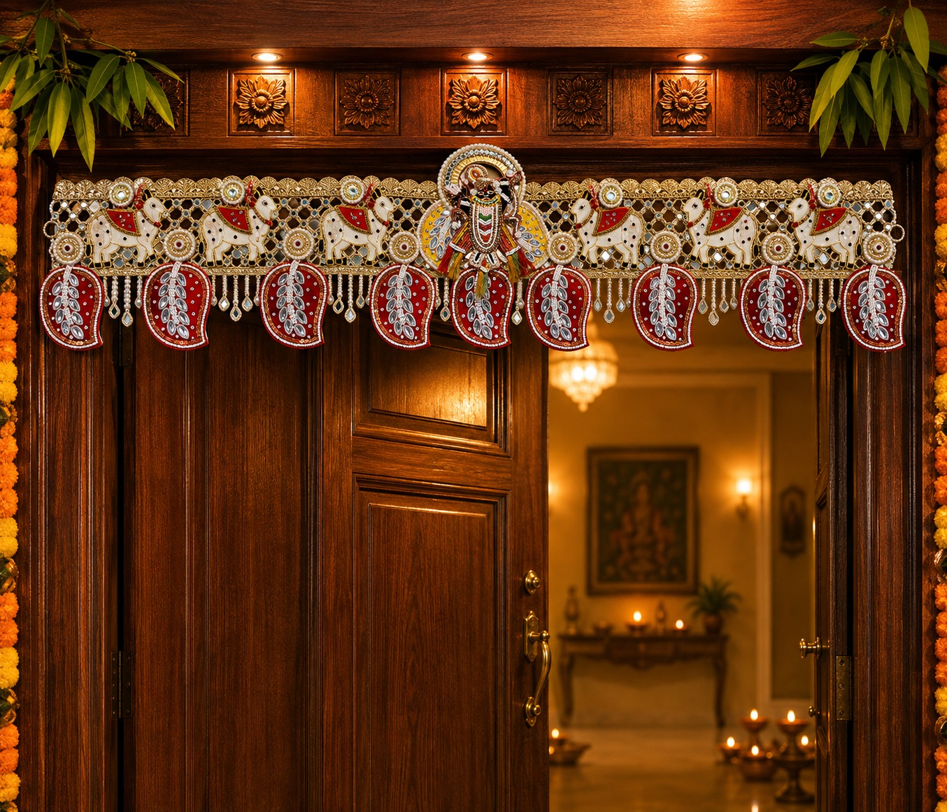 Krishnaji with Cow & Red Leaves Toran decorative toran for main door by Vyaparika