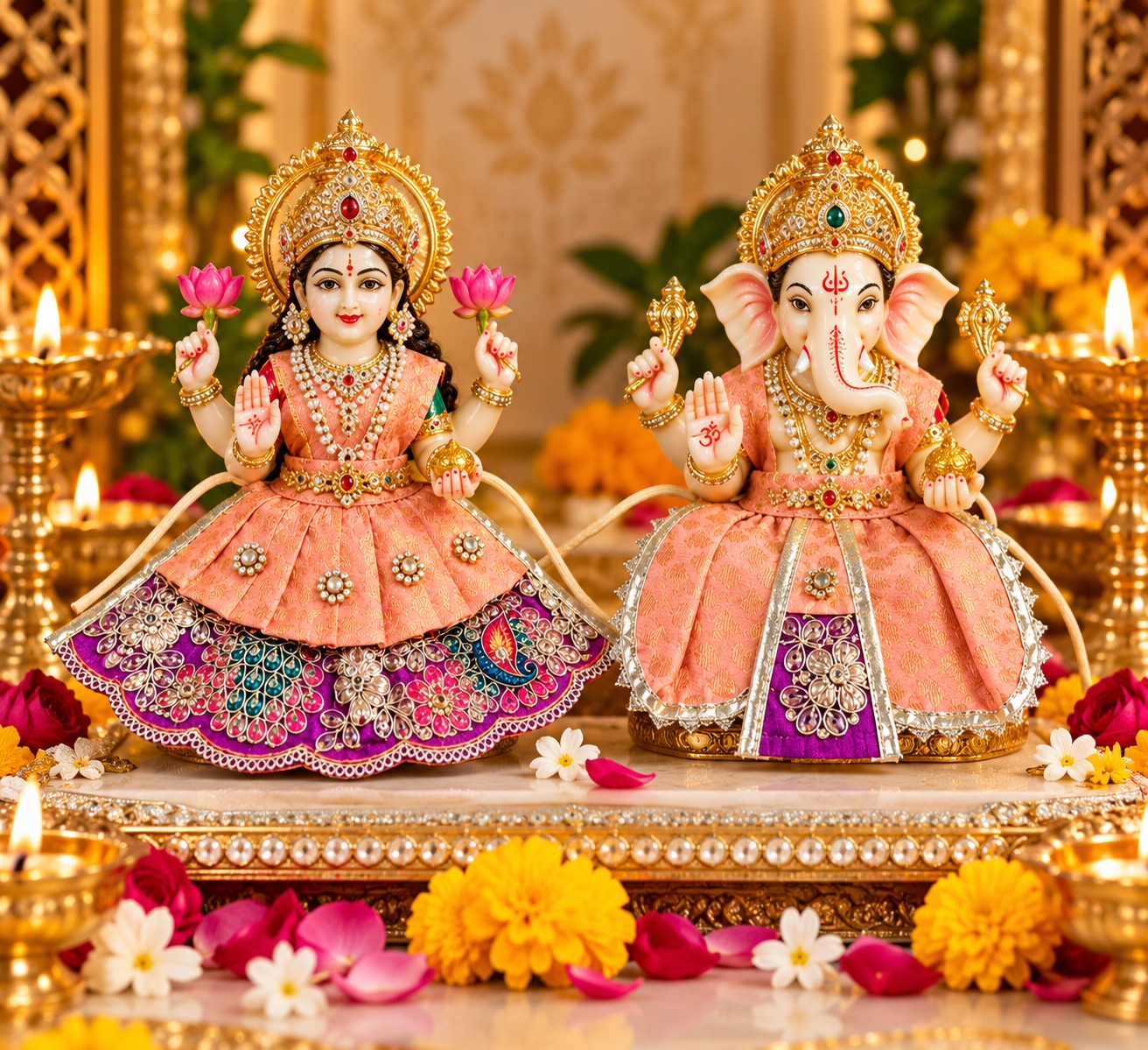 Ganesh Ji and Lakshmi Ji adorned in coordinated peach and purple poshaks