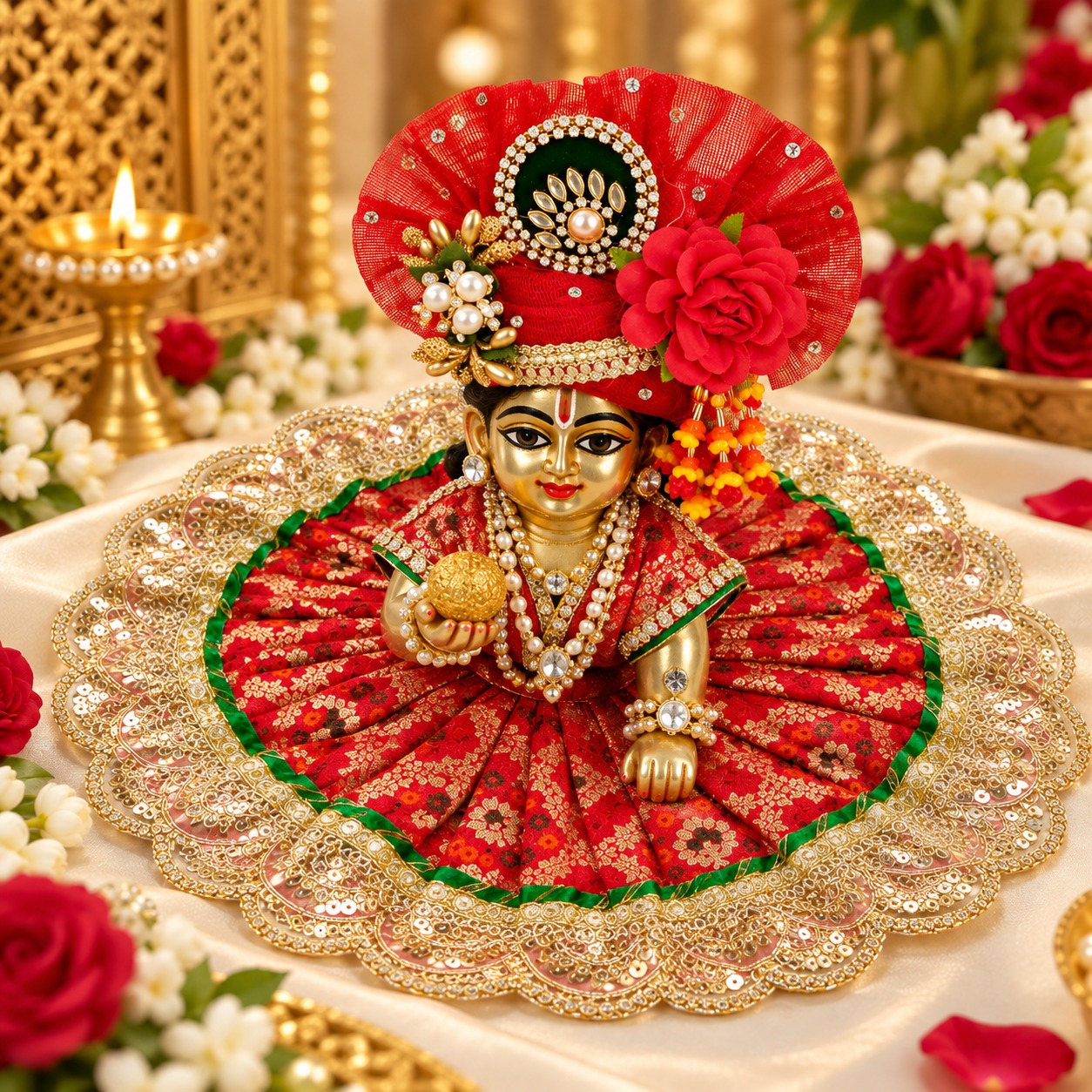 Laddu Gopal adorned in a red and gold poshak